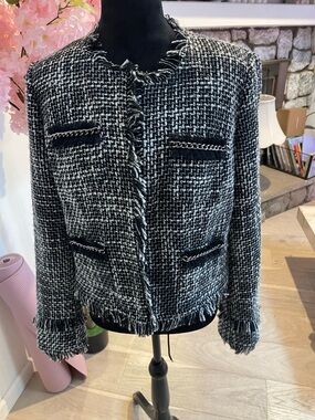 INC International Concepts Black & White Tweed Fringe Jacket